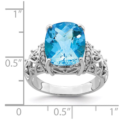 Sterling Silver Rhodium Checker-Cut Blue Topaz u0026 Diamond Ring