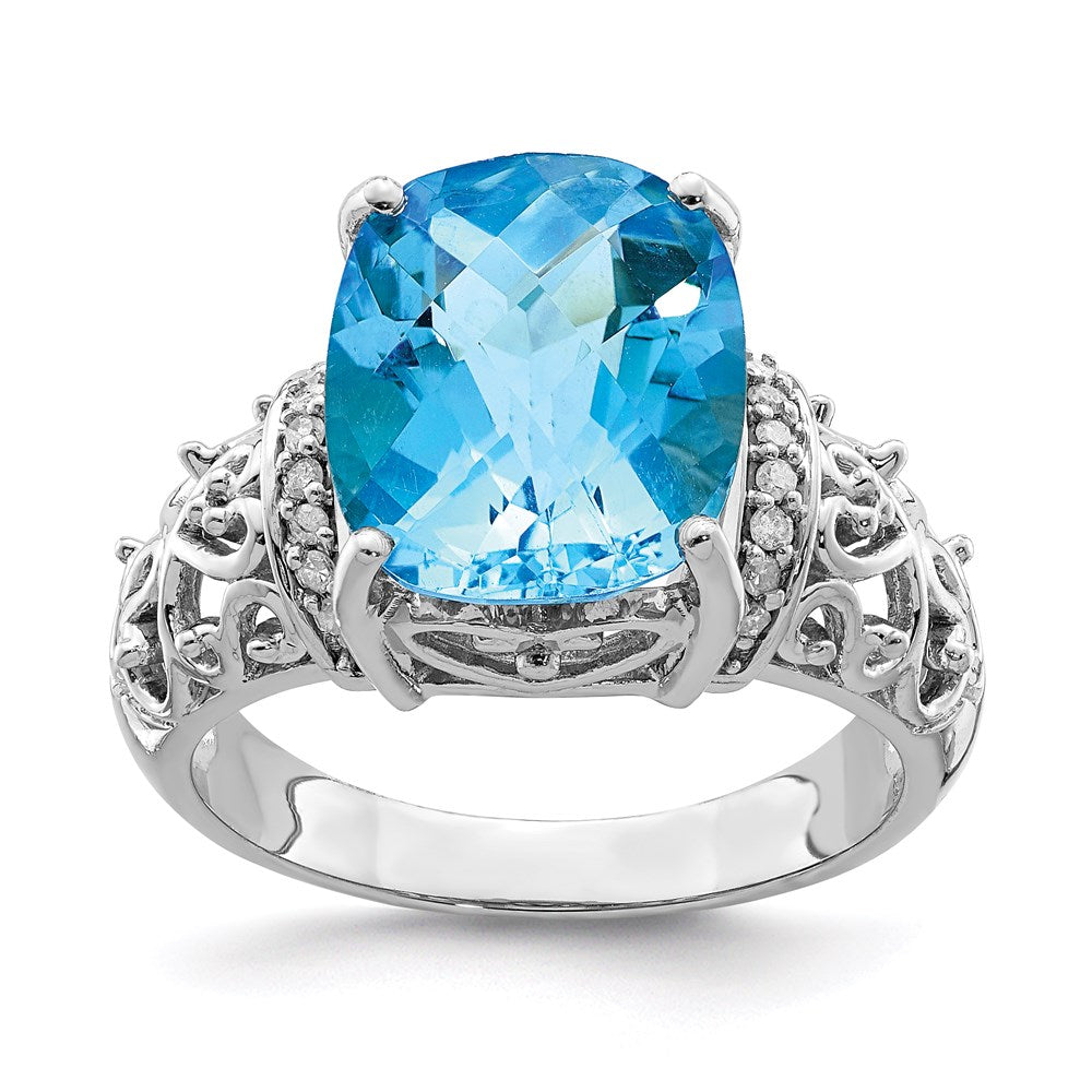 Sterling Silver Rhodium Checker-Cut Blue Topaz u0026 Diamond Ring