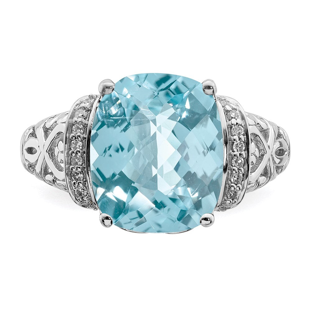 Sterling Silver Rhodium Diamond u0026 Checker-Cut Sky Blue Topaz Ring