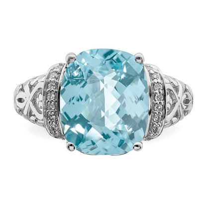 Sterling Silver Rhodium Diamond u0026 Checker-Cut Sky Blue Topaz Ring