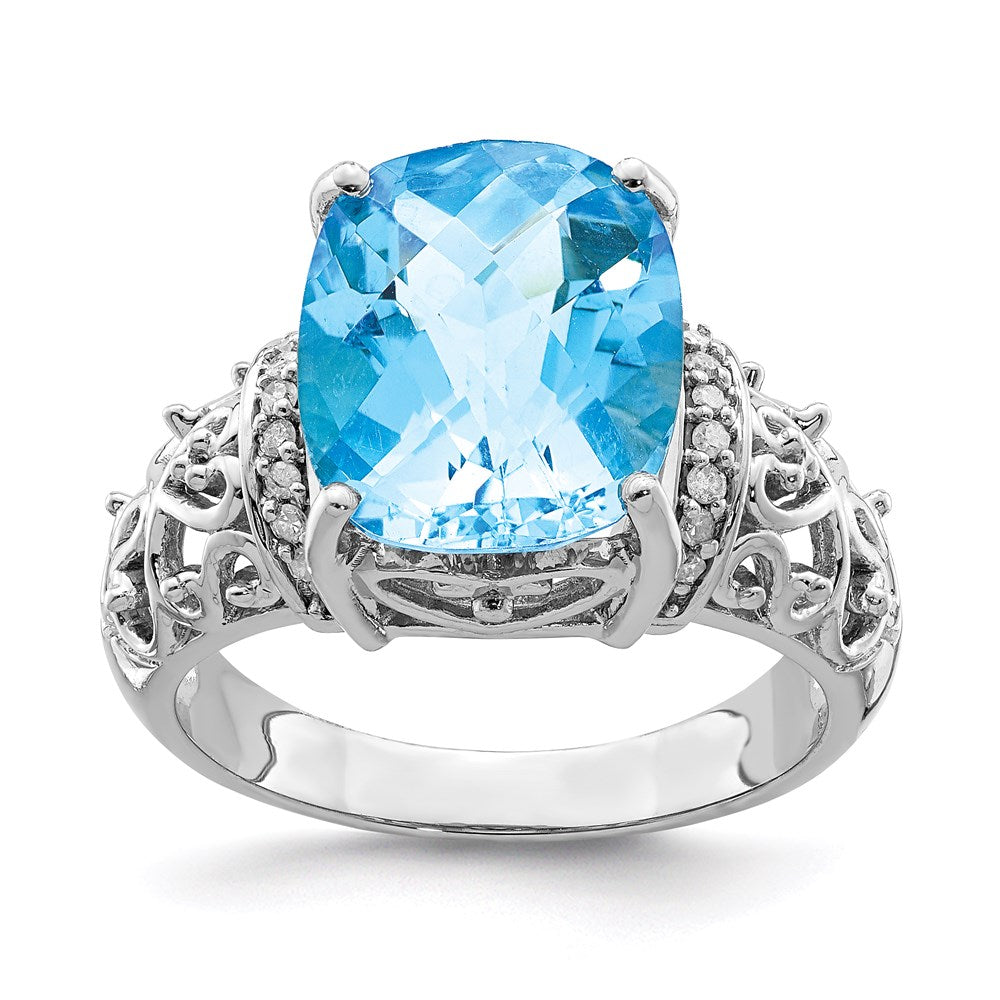 Sterling Silver Rhodium Diamond u0026 Checker-Cut Sky Blue Topaz Ring