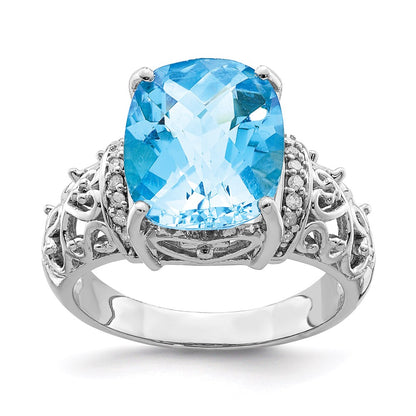 Sterling Silver Rhodium Diamond u0026 Checker-Cut Sky Blue Topaz Ring