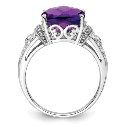 Sterling Silver Rhodium-plated Checker-Cut Amethyst u0026 Diamond Ring