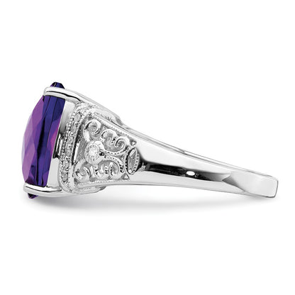 Sterling Silver Rhodium-plated Checker-Cut Amethyst u0026 Diamond Ring