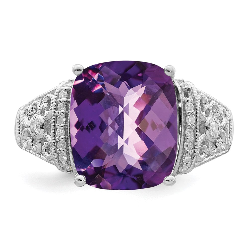 Sterling Silver Rhodium-plated Checker-Cut Amethyst u0026 Diamond Ring