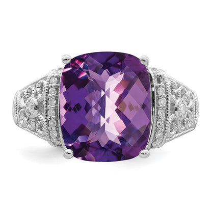 Sterling Silver Rhodium-plated Checker-Cut Amethyst u0026 Diamond Ring