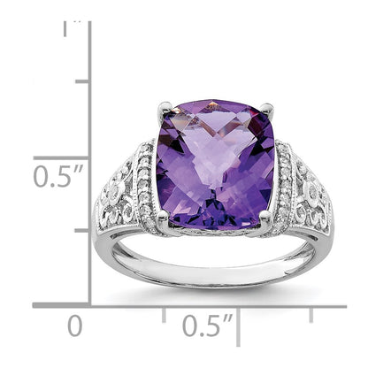 Sterling Silver Rhodium-plated Checker-Cut Amethyst u0026 Diamond Ring