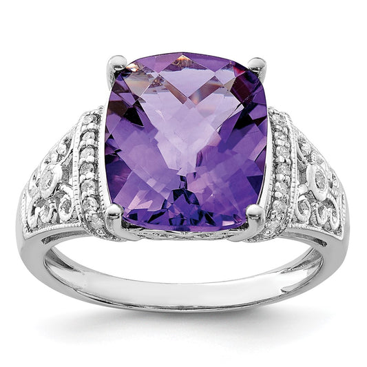 Sterling Silver Rhodium-plated Checker-Cut Amethyst u0026 Diamond Ring