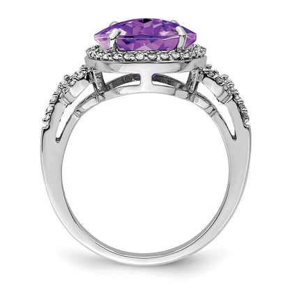 Sterling Silver Rhodium-plated Checker-Cut Amethyst u0026 Diamond Ring