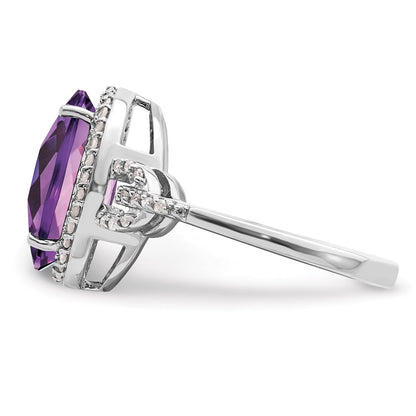Sterling Silver Rhodium-plated Checker-Cut Amethyst u0026 Diamond Ring