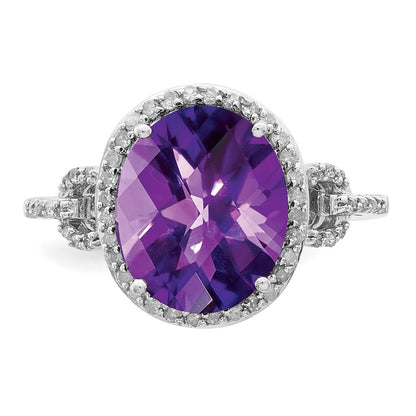 Sterling Silver Rhodium-plated Checker-Cut Amethyst u0026 Diamond Ring