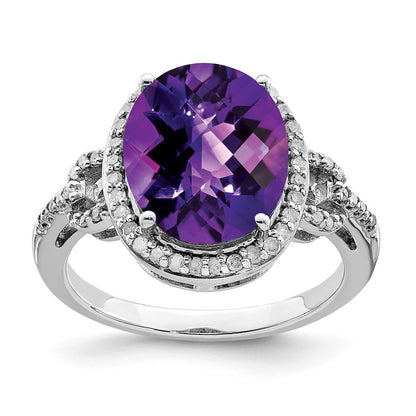 Sterling Silver Rhodium-plated Checker-Cut Amethyst u0026 Diamond Ring