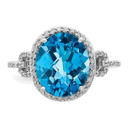 Sterling Silver Rhodium Checker-Cut Blue Topaz u0026 Diamond Ring