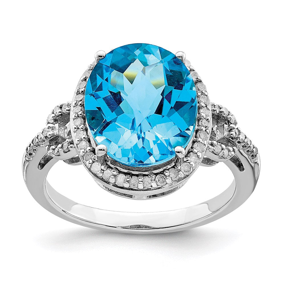 Sterling Silver Rhodium Checker-Cut Blue Topaz u0026 Diamond Ring