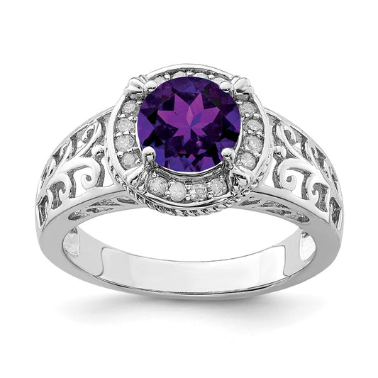 Sterling Silver Rhodium-plated Amethyst u0026 Diamond Ring