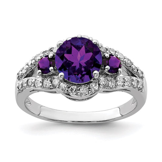 Sterling Silver Rhodium-plated Amethyst u0026 Diamond Ring