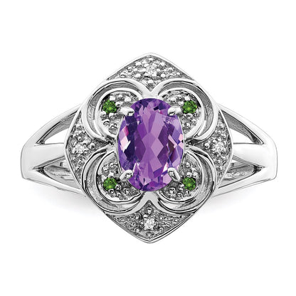 Sterling Silver Rhodium-plated Diamond u0026 Amethyst Ring