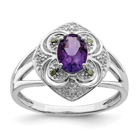 Sterling Silver Rhodium-plated Diamond u0026 Amethyst Ring