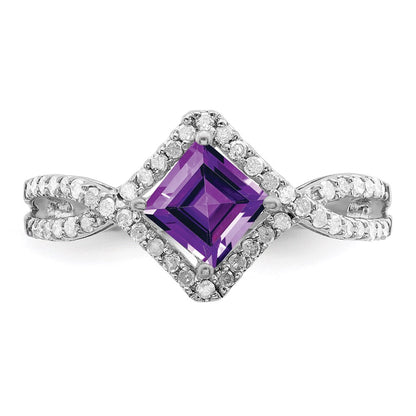 Sterling Silver Rhodium-plated Diamond u0026 Amethyst Ring