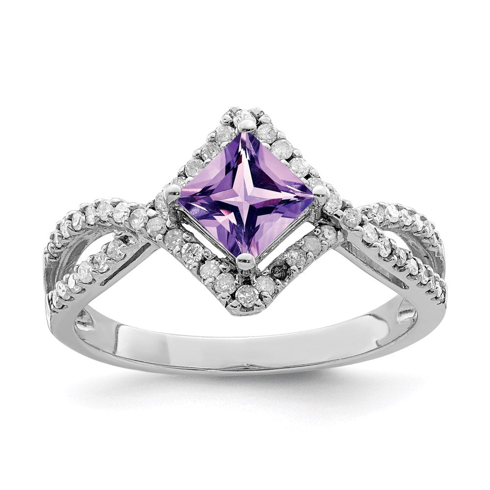 Sterling Silver Rhodium-plated Diamond u0026 Amethyst Ring