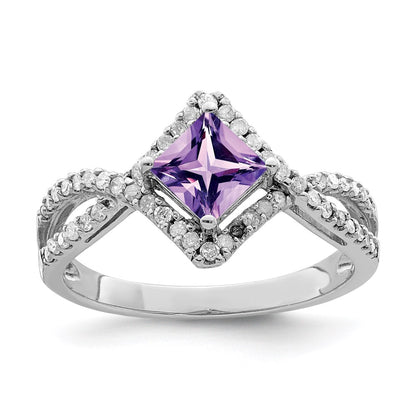 Sterling Silver Rhodium-plated Diamond u0026 Amethyst Ring