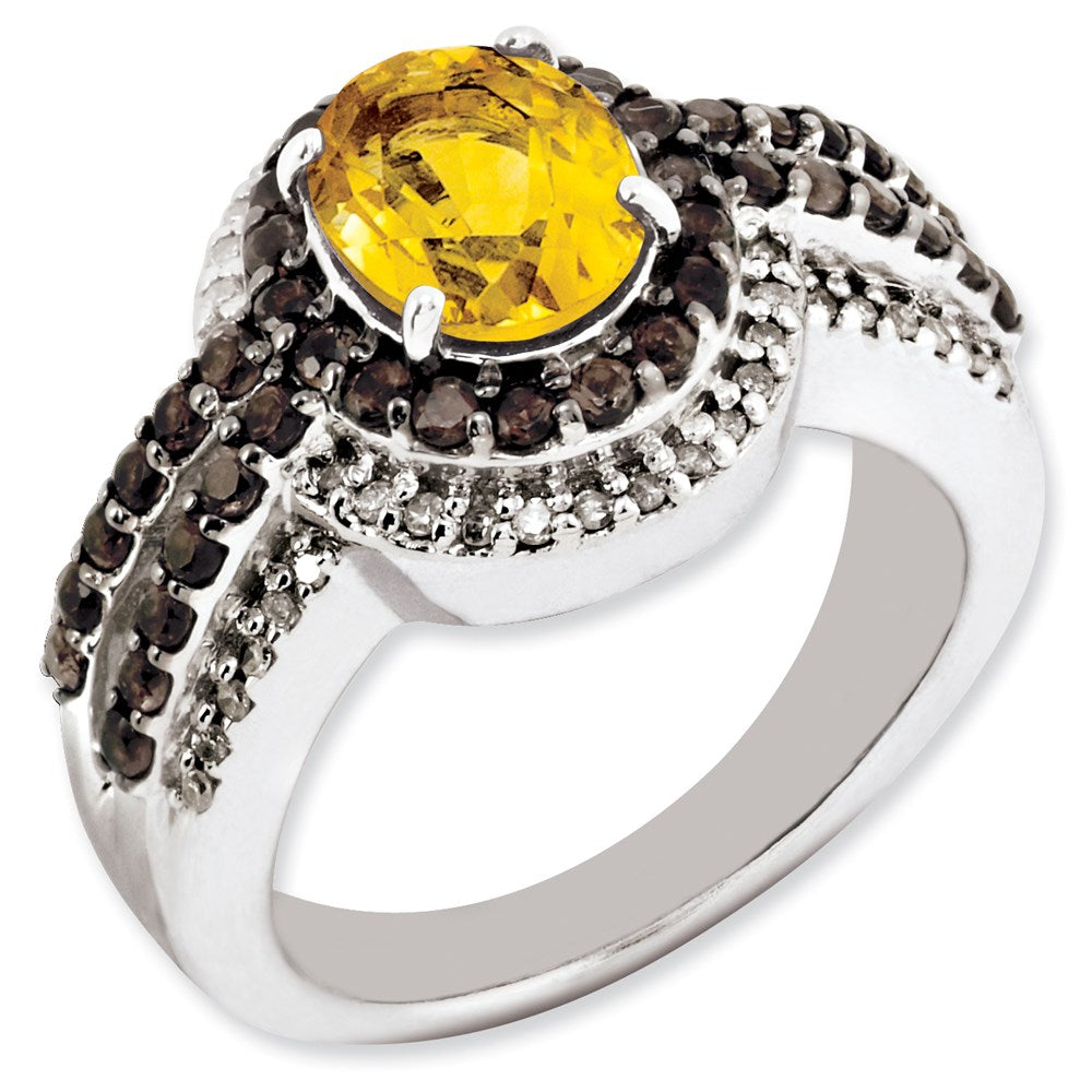 Sterling Silver Citrine and Smoky Quartz u0026 Diamond Ring