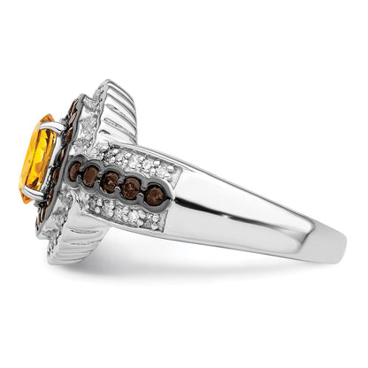 Sterling Silver Rhodium Citrine and Smoky Quartz u0026 Diamond Ring