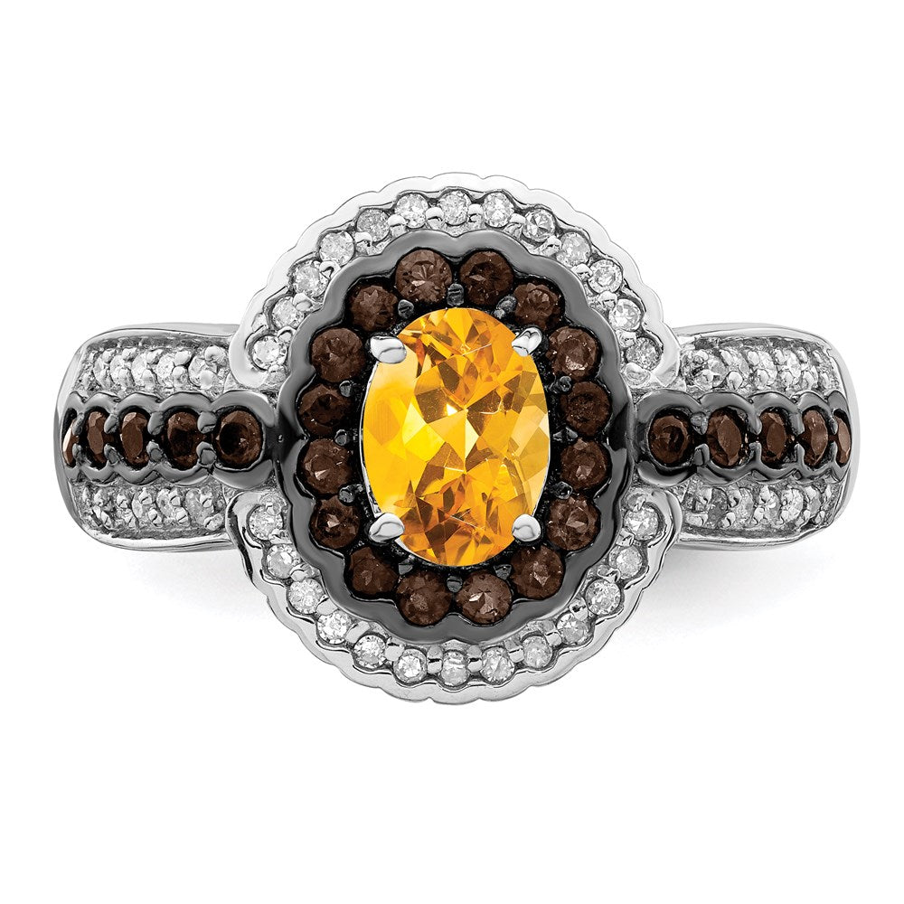 Sterling Silver Rhodium Citrine and Smoky Quartz u0026 Diamond Ring