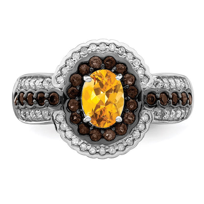 Sterling Silver Rhodium Citrine and Smoky Quartz u0026 Diamond Ring