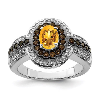 Sterling Silver Rhodium Citrine and Smoky Quartz u0026 Diamond Ring