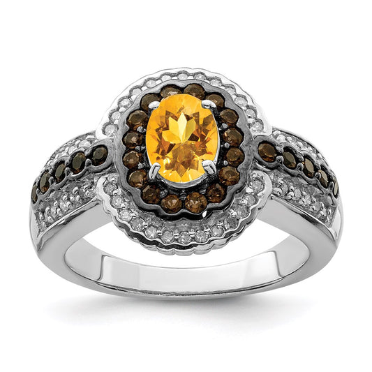 Sterling Silver Rhodium Citrine and Smoky Quartz u0026 Diamond Ring
