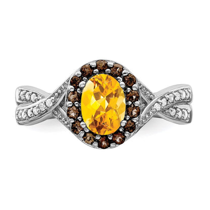 Sterling Silver Rhodium Citrine and Smoky Quartz u0026 Diamond Ring