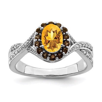 Sterling Silver Rhodium Citrine and Smoky Quartz u0026 Diamond Ring
