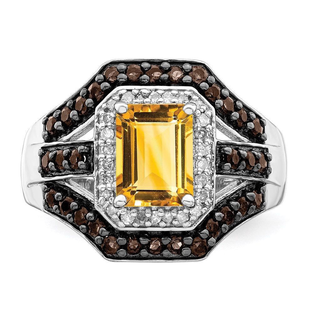 Sterling Silver Rhodium Citrine and Smoky Quartz u0026 Diamond Ring