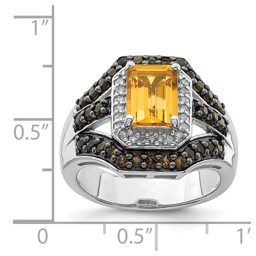 Sterling Silver Rhodium Citrine and Smoky Quartz u0026 Diamond Ring
