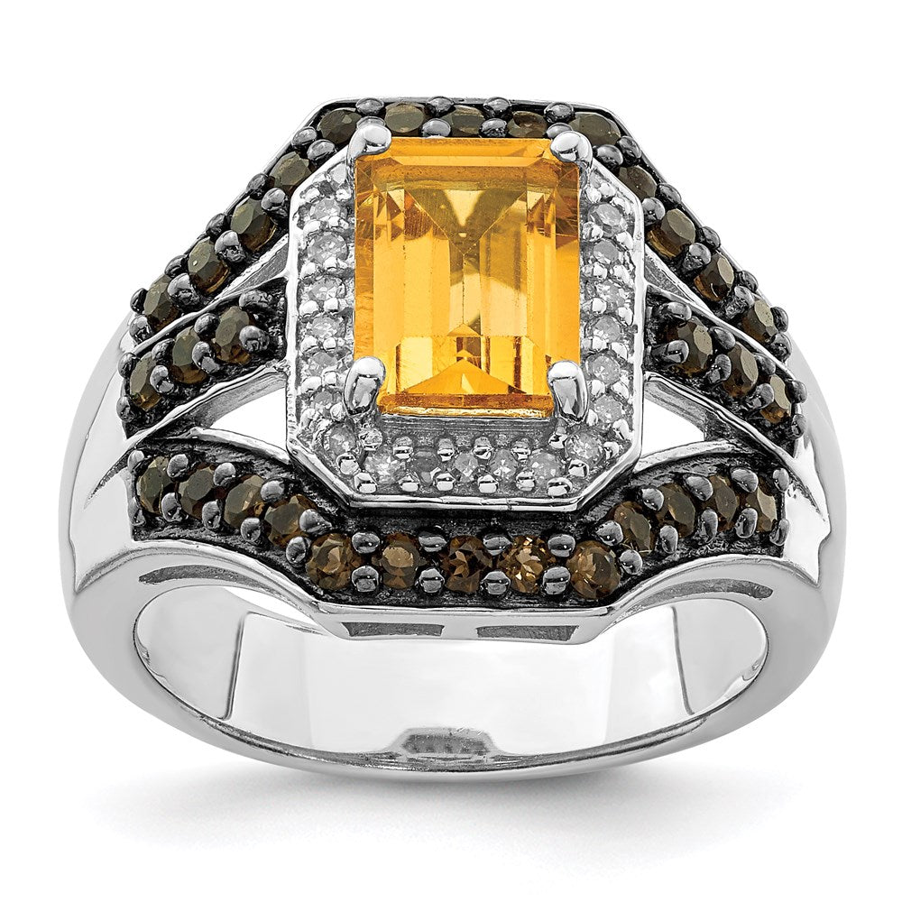 Sterling Silver Rhodium Citrine and Smoky Quartz u0026 Diamond Ring