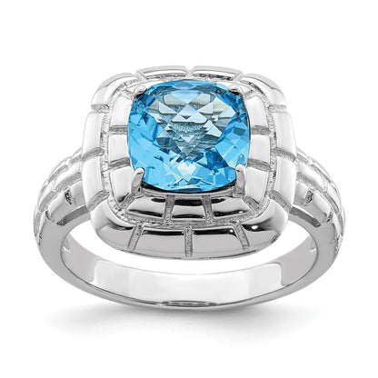 Sterling Silver Rhodium Checker-Cut Blue Topaz Ring