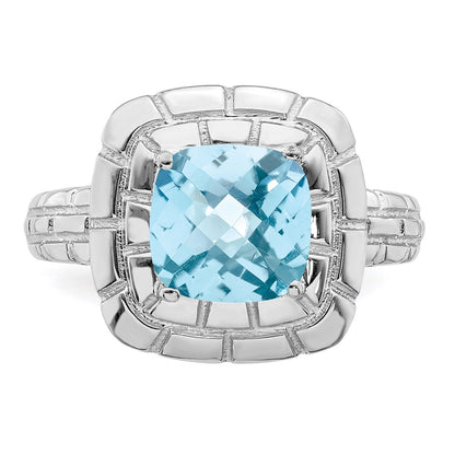 Sterling Silver Rhodium Checker-Cut Sky Blue Topaz Ring