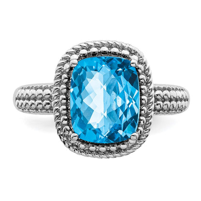 Sterling Silver Rhodium Checker-Cut Blue Topaz Ring