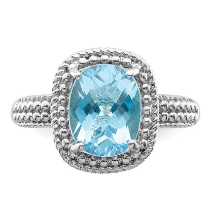 Sterling Silver Rhodium Checker-Cut Sky Blue Topaz Ring