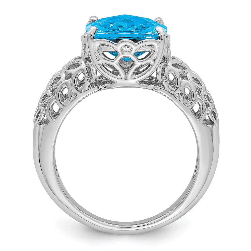 Sterling Silver Rhodium Checker-Cut Blue Topaz Ring