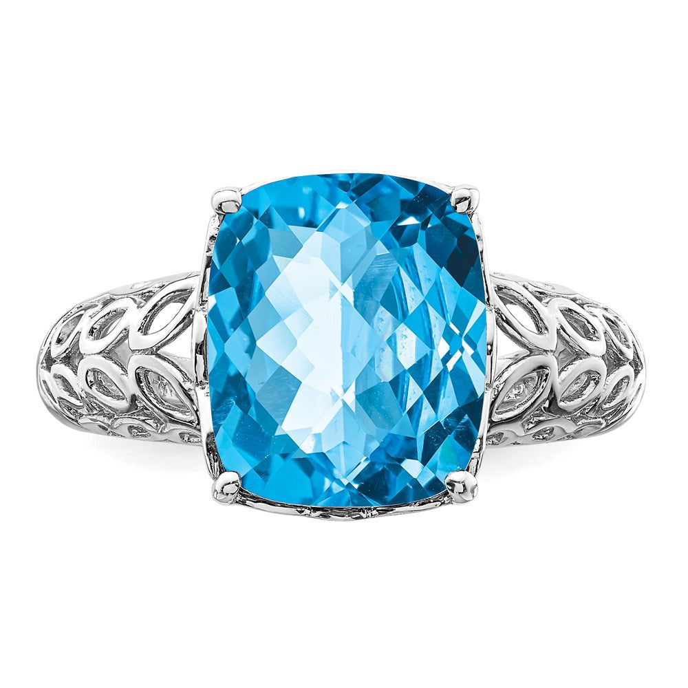 Sterling Silver Rhodium Checker-Cut Blue Topaz Ring