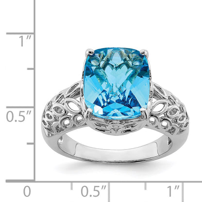 Sterling Silver Rhodium Checker-Cut Blue Topaz Ring