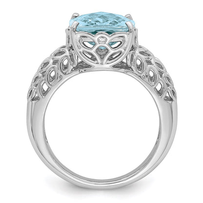 Sterling Silver Rhodium Checker-Cut Sky Blue Topaz Ring