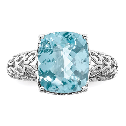 Sterling Silver Rhodium Checker-Cut Sky Blue Topaz Ring