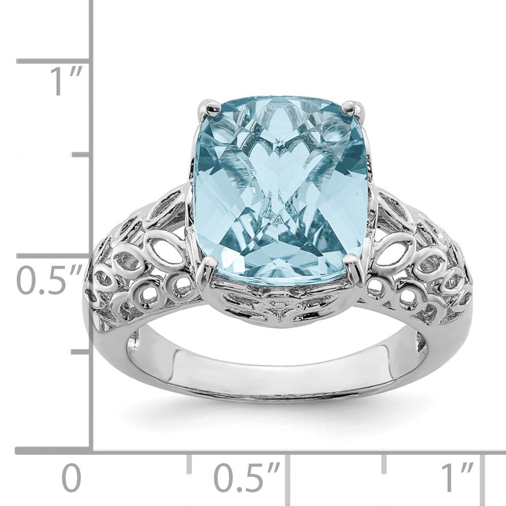 Sterling Silver Rhodium Checker-Cut Sky Blue Topaz Ring