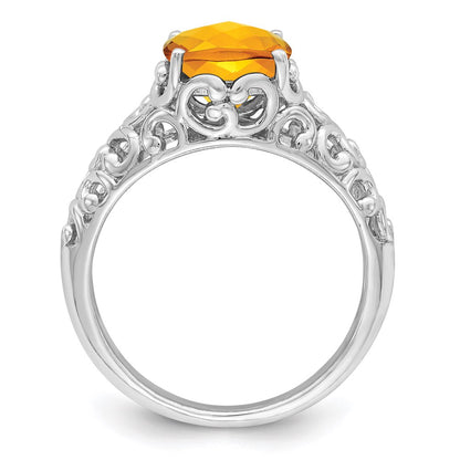 Sterling Silver Rhodium Checker-Cut Citrine Ring