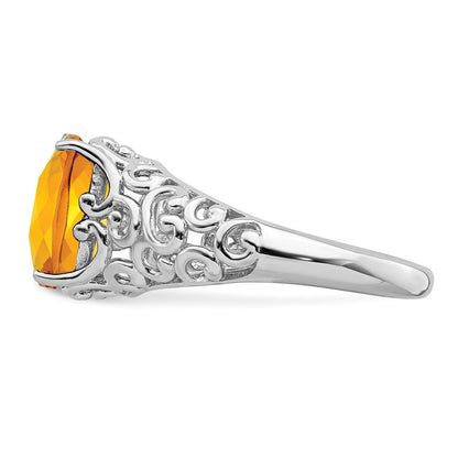Sterling Silver Rhodium Checker-Cut Citrine Ring