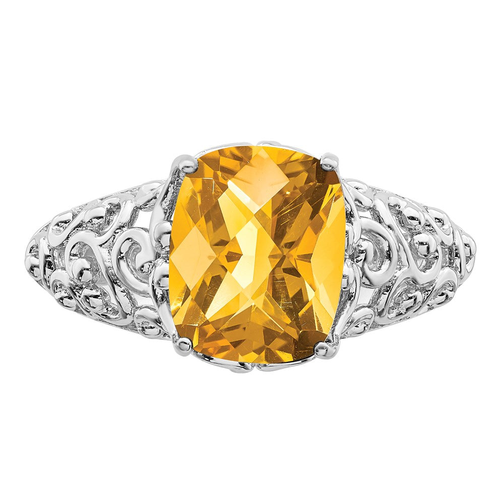 Sterling Silver Rhodium Checker-Cut Citrine Ring