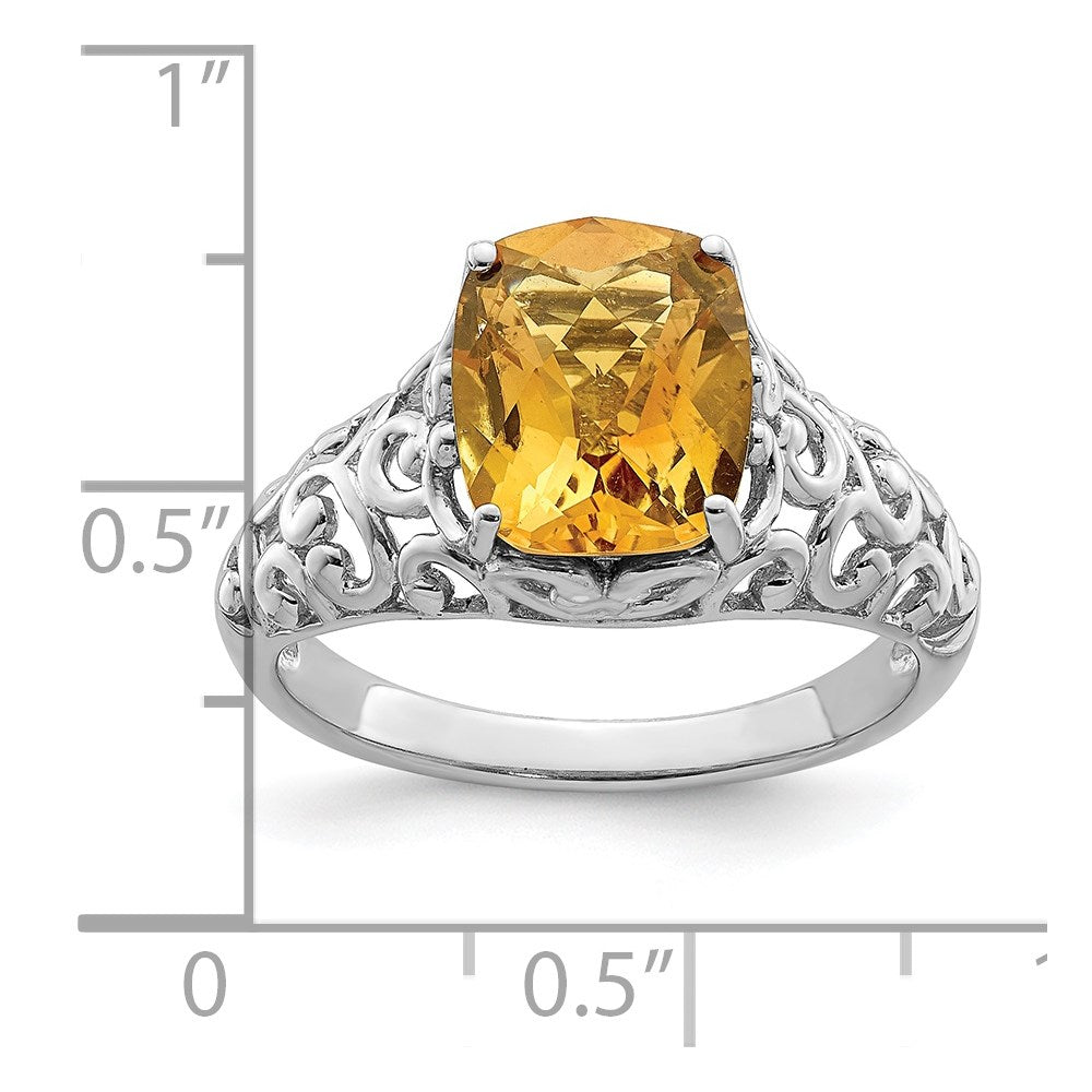 Sterling Silver Rhodium Checker-Cut Citrine Ring
